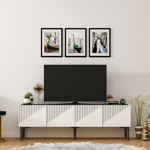 Comoda TV, Olivia, Draw, 154x45x37cm, 100% PAL melaminat, Alb / Negru