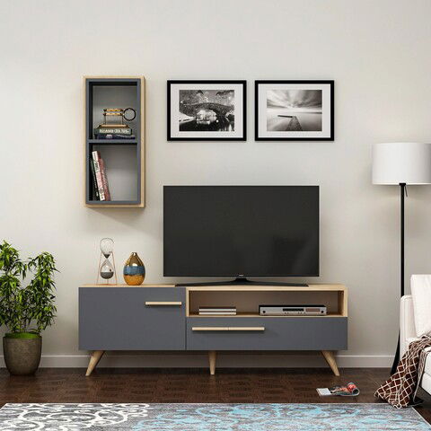 Comoda TV, Olivia, Zera, Cm, 100% PAL melaminat, Stejar safir / Antracit
