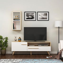 Comoda TV, Olivia, Zera, Cm, 100% PAL melaminat, Stejar safir / Alb