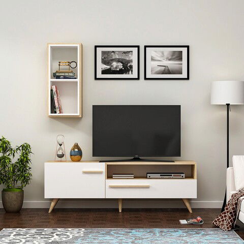 Comoda TV, Olivia, Zera, Cm, 100% PAL melaminat, Stejar safir / Alb