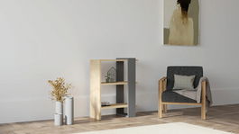 Corp biblioteca, Puqa Design, Yonca, 51.8x70x25cm, 100% PAL melaminat, Antracit / Stejar