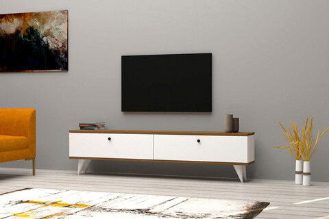 Comoda TV, Puqa Design, Paris, 160x35x25cm, 100% PAL melaminat, Alb / Nuc