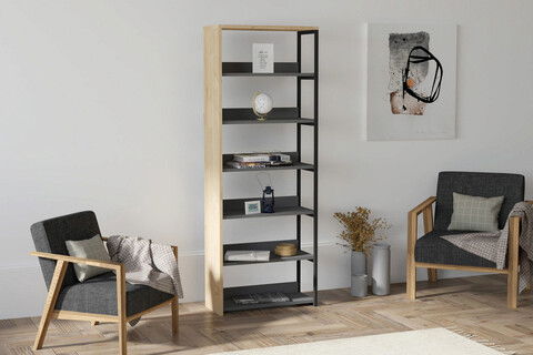 Corp biblioteca, Puqa Design, Hilal, 50x161.8x26cm, 100% PAL melaminat, Safir / Negru / Antracit
