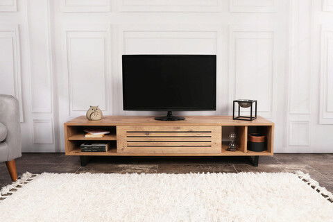 Comoda TV, Puqa Design, Safir, 160x35x40cm, 100% PAL melaminat, Pinul Atlantic