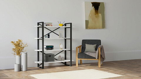Corp biblioteca, Puqa Design, Makro, 106x120x33cm, 100% PAL melaminat, Alb / Negru
