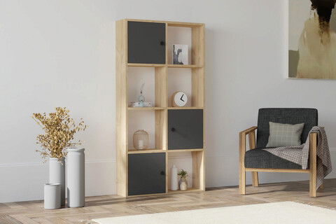 Corp biblioteca, Puqa Design, Ena, 77.8x151.4x22cm, 100% PAL melaminat, Safir / Antracit