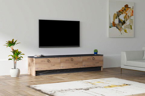Comoda TV, Puqa Design, Pega, 160x35x35cm, 100% PAL melaminat, Negru / Safir