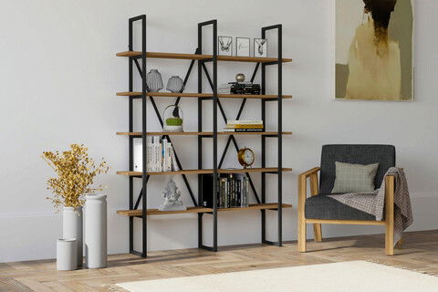 Corp biblioteca, Puqa Design, Burgaz, 126x160x26cm, 100% PAL melaminat, Nuc / Negru