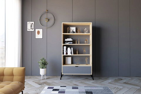 Corp biblioteca, Puqa Design, Numana, 83.6x160x30cm, 100% PAL melaminat, Stejar safir / Antracit