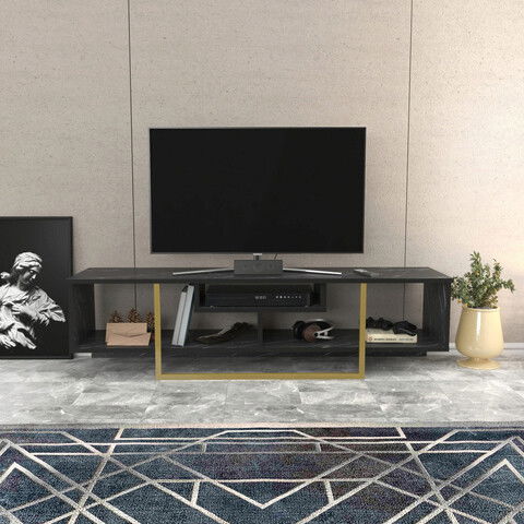 Comoda TV, Retricy, Asal 150, 150x35.2x40cm, 100% PAL melaminat, Negru / Aur