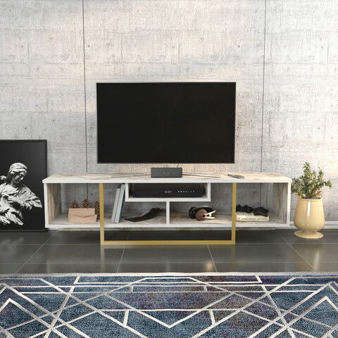 Comoda TV, Retricy, Asal 150, 150x35.2x40cm, 100% PAL melaminat, Aur / Alb