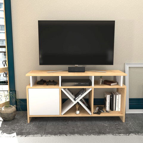 Comoda TV, Retricy, Auburn, 120x29.9x60.6cm, 100% PAL melaminat, Stejar / Alb