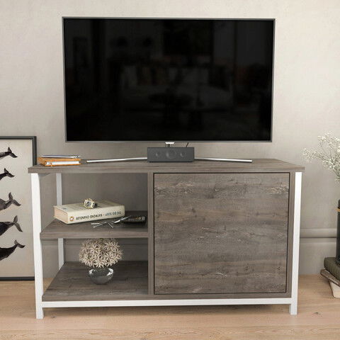 Comoda TV, Retricy, Muskegon, 89.6x35.3x50.8cm, 100% PAL melaminat, Alb / Gri inchis