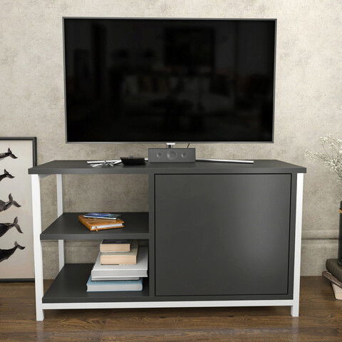 Comoda TV, Retricy, Muskegon, 89.6x35.3x50.8cm, 100% PAL melaminat, Alb / Antracit