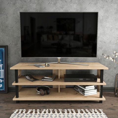 Comoda TV, Retricy, Pueblo, 120x44.6x47.4cm, 100% PAL melaminat, Negru / Stejar