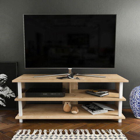 Comoda TV, Retricy, Pueblo, 120x44.6x47.4cm, 100% PAL melaminat, Alb / Stejar
