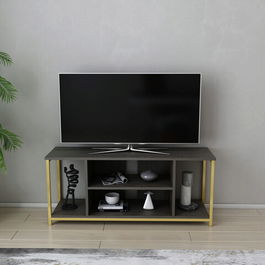 Comoda TV, Retricy, Rinaldo, 120x35x50.8cm, 100% PAL melaminat, Gri inchis / Aur