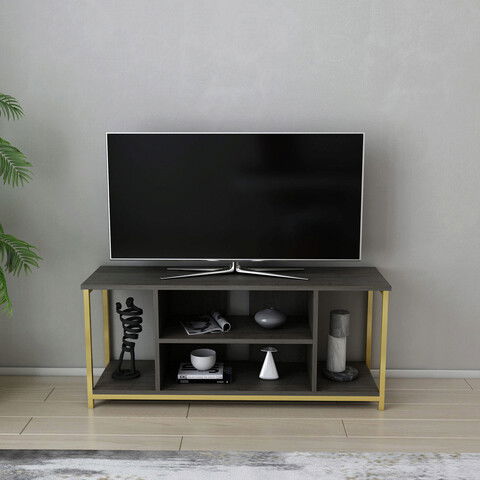 Comoda TV, Retricy, Rinaldo, 120x35x50.8cm, 100% PAL melaminat, Gri inchis / Aur