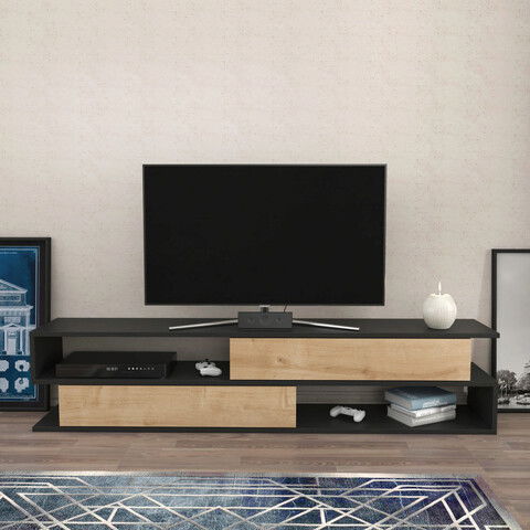 Comoda TV, Retricy, Cortez, 160x35.3x38.6cm, 100% PAL melaminat, Antracit / Stejar