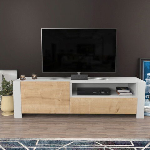 Comoda TV, Retricy, Piedmont, 160x36.8x46cm, 100% PAL melaminat, Alb / Stejar