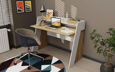 Birou, Retricy, Broklyn, 123.6x59.6x93.4cm, 100% PAL melaminat, Stejar / Alb