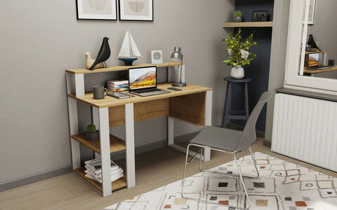 Birou, Retricy, Queens, 120x59.6x95.2cm, 100% PAL melaminat, Stejar / Alb
