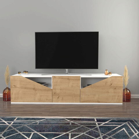 Comoda TV, Retricy, Carson, 160x35.3x40cm, 100% PAL melaminat, Alb / Stejar