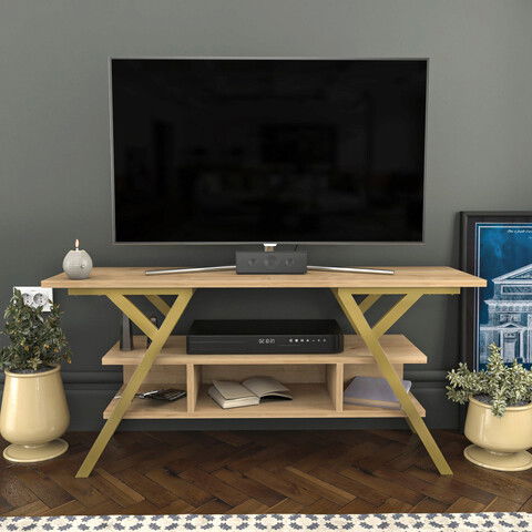 Comoda TV, Retricy, Minerva, 120x35x55cm, 100% PAL melaminat, Aur / Stejar