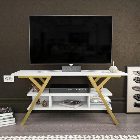 Comoda TV, Retricy, Minerva, 120x35x55cm, 100% PAL melaminat, Aur / Alb