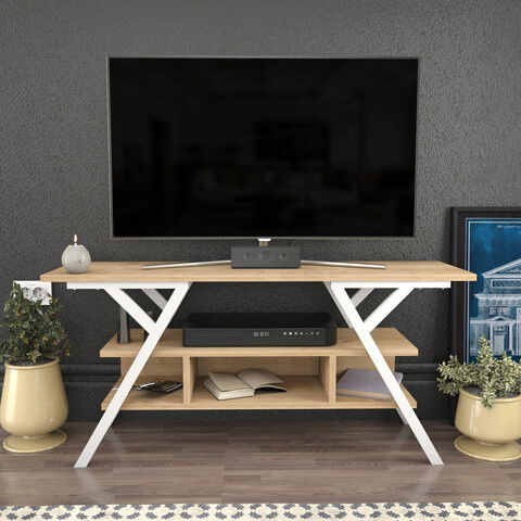 Comoda TV, Retricy, Minerva, 120x35x55cm, 100% PAL melaminat, Alb / Stejar