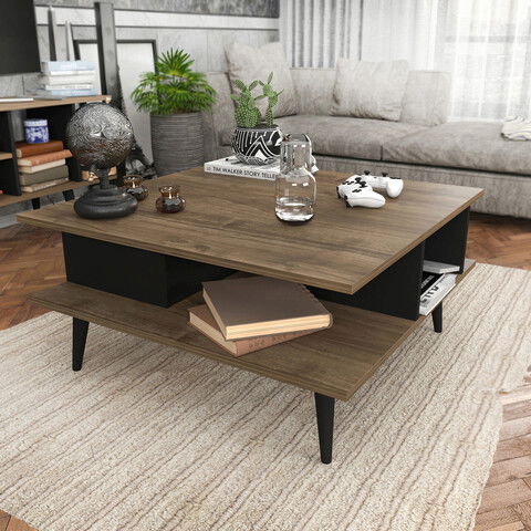 Măsuţă de cafea, Retricy, Akya, 89x89x44cm, 100% PAL melaminat, Nuc / Negru