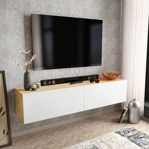 Comoda TV, Retricy, Poling, 159.7x36.8x34.1cm, 100% PAL melaminat, Alb / Safir