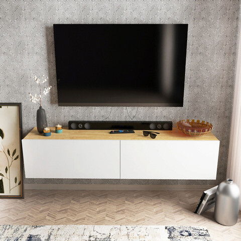 Comoda TV, Retricy, Poling, 159.7x36.8x34.1cm, 100% PAL melaminat, Alb / Nuc