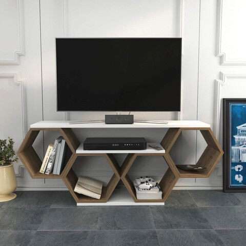 Comoda TV, Retricy, Bal, 140x29.6x55.5cm, 100% PAL melaminat, Alb / Nuc