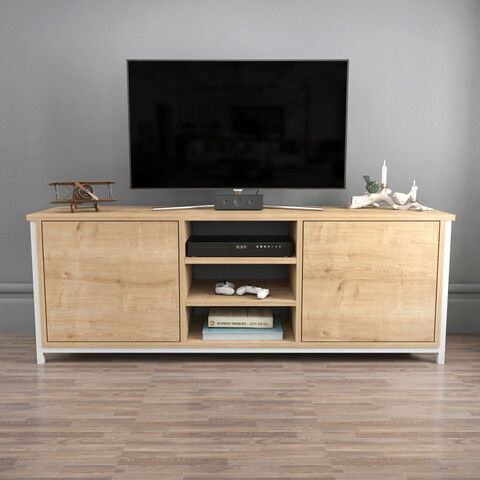 Comoda TV, Retricy, Otis, 140x35.3x50.8cm, 100% PAL melaminat, Alb / Stejar
