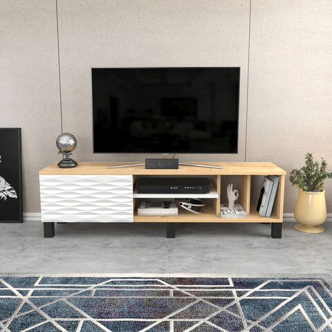 Comoda TV, Retricy, Olyo, 140x35x40.3cm, 100% PAL melaminat, Safir / Alb