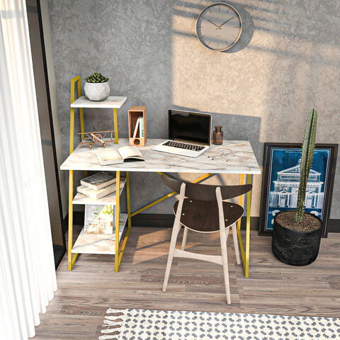 Birou, Retricy, Admira, 120x60x120cm, 100% PAL melaminat, Alb / Aur