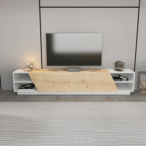 Comoda TV, Retricy, Rhodes, 240x37.1x47.4cm, 100% PAL melaminat, Alb / Stejar