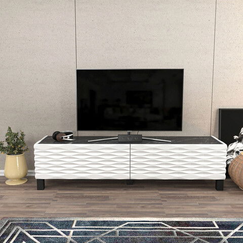 Comoda TV, Retricy, Lerze, 149.2x35x38cm, 100% PAL melaminat, Alb / Negru