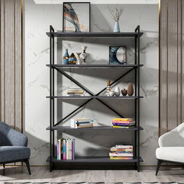 Corp biblioteca, Retricy, Elston, 120x34x180cm, 100% PAL melaminat, Negru / Antracit