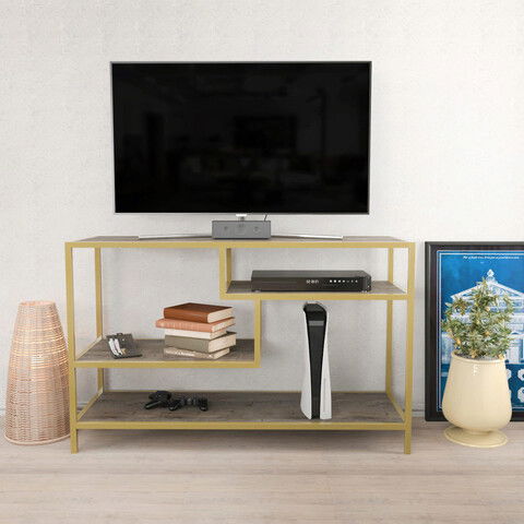 Comoda TV, Retricy, Robbins, 120x39x75cm, 100% PAL melaminat, Aur / Gri inchis