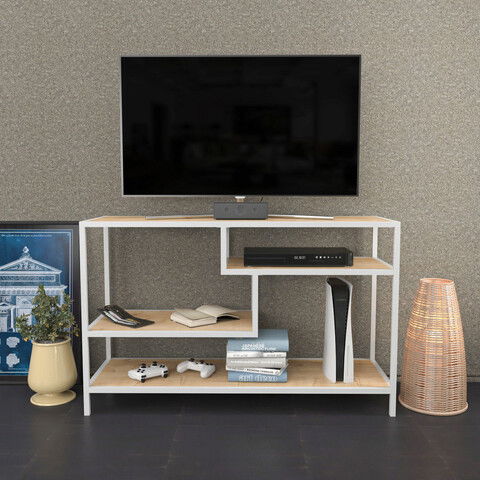 Comoda TV, Retricy, Robbins, 120x39x75cm, 100% PAL melaminat, Alb / Stejar