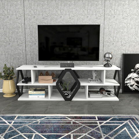 Comoda TV, Retricy, Erisa, 140x35x45cm, 100% PAL melaminat, Alb / Negru