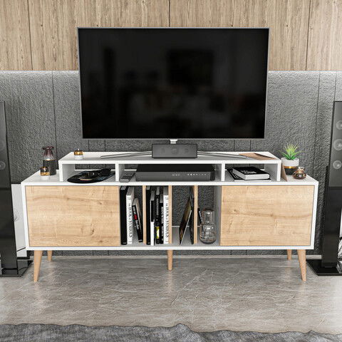 Comoda TV, Retricy, Char, 160x35x70.8cm, 100% PAL melaminat, Alb / Safir