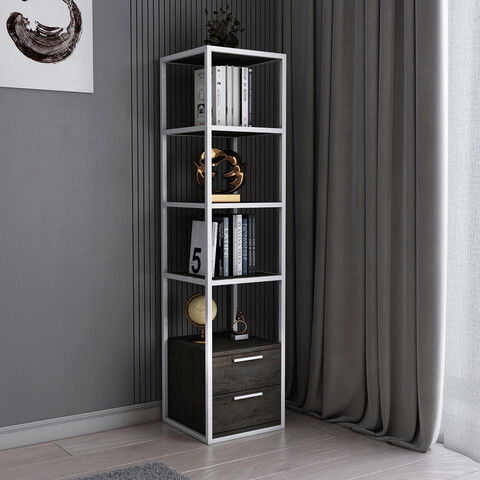 Corp biblioteca, Retricy, Robbins, 39x39x160cm, 100% PAL melaminat, Alb / Gri inchis