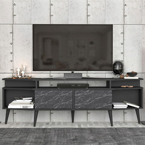 Comoda TV, Retricy, Dennis, 180x35x58.6cm, 100% PAL melaminat, Negru