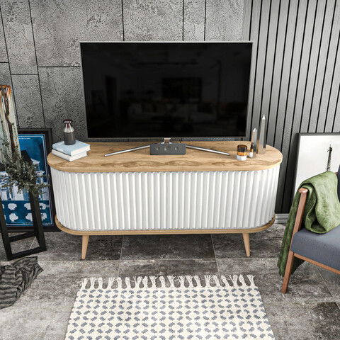 Comoda TV, Retricy, Stor, 140x43x64cm, 100% PAL melaminat, Stejar bătrân / Alb