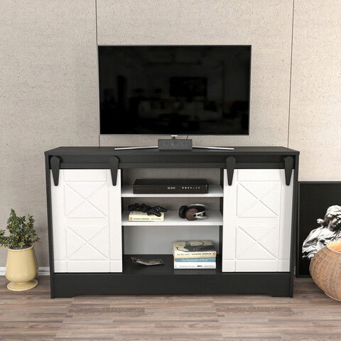 Comoda TV, Retricy, Nisay, 140x35x85cm, 100% PAL melaminat, Gri inchis / Alb