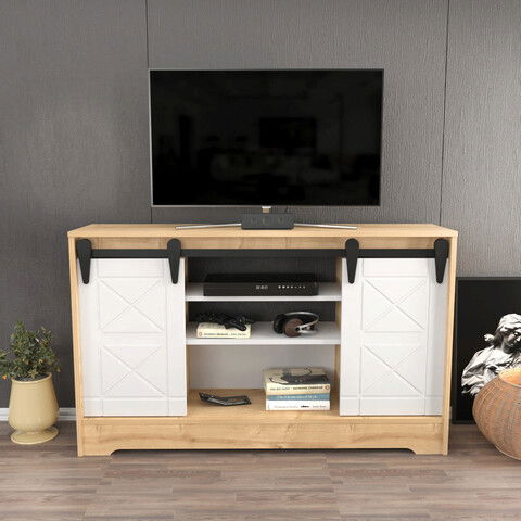 Comoda TV, Retricy, Nisay, 140x35x85cm, 100% PAL melaminat, Safir / Alb