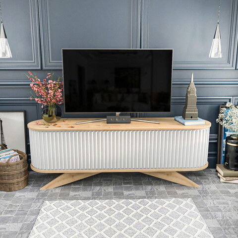 Comoda TV, Retricy, Stor, 180x43x60cm, 100% PAL melaminat, Safir / Alb